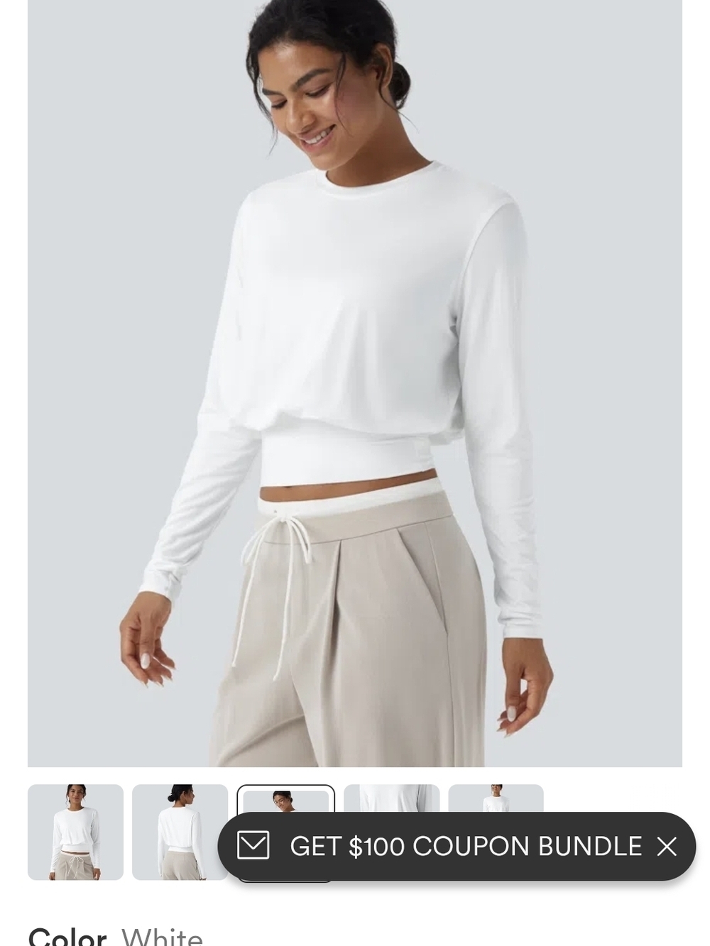 HALARA White Cropped Long-Sleeve Crew Top - Picture 2 of 6